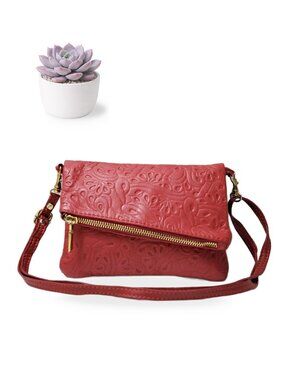 Made in Italy Red Italian Leather Foldover Crossbody Shoulder Bag Genuine Purse